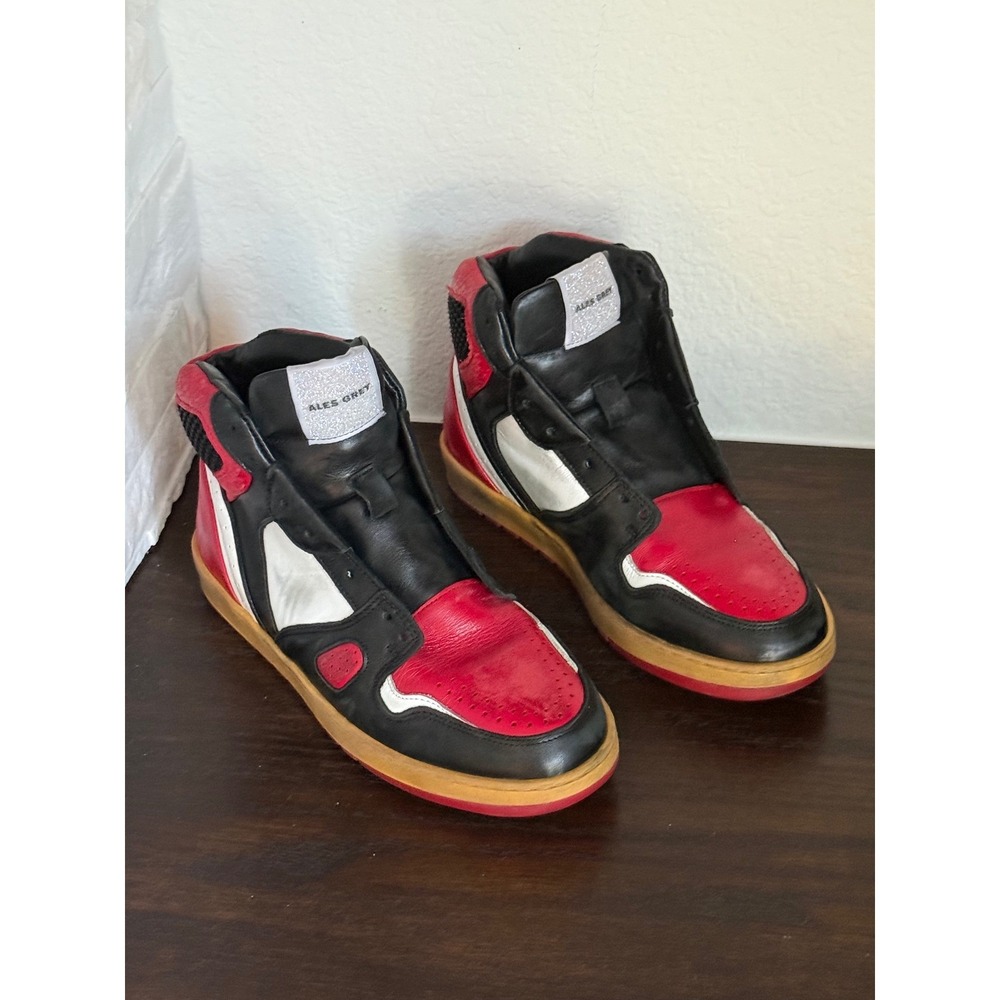 Ales Grey High Top Leather Sneakers Red Black White EU 37 Luxury Streetwear